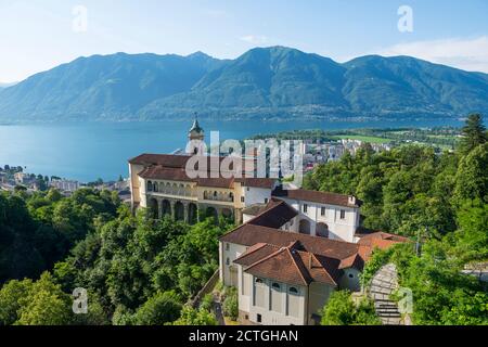 Madonna del Sasso with Panoramic View over Alpine Lake Maggiore and Mountain in Locarno, Switzerland. Stock Photo