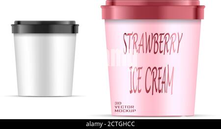 Food paper bucket Container For Dessert, Yogurt, Ice Cream, Sour Sream Or Snack. Realistic pot with plastic lid template and sample container design 3 Stock Vector