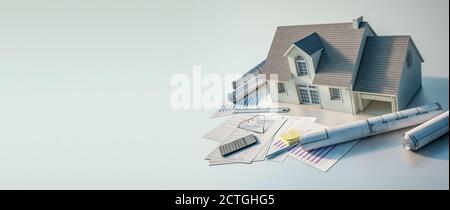 3D rendering of a house with blueprints,  charts, mortgage application form, budget and calculator Stock Photo