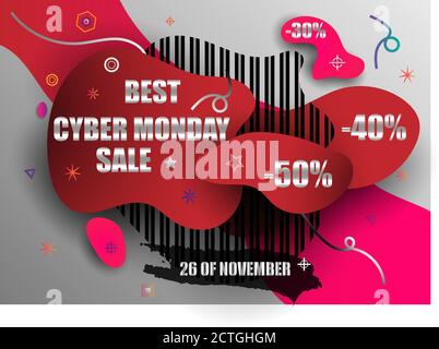 Cyber monday banner design in black and red color with discount tags. Abstract shape modern flat illustration. Sale discount night and day. EPS10 Vect Stock Vector