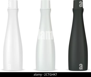 Cosmetic bottles mockup pack for shampoo or shower gel. Realistic vector 3d illustration of cosmetics package with lid. Clear blank template for your Stock Vector