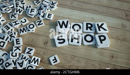 3D rendering of the words work shop written on letter tiles on a wooden parquet Stock Photo