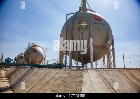 Zhanazhol, Aktobe region, Kazakhstan: Sphere gas storage tanks for liquefied petroleum (natural) gas LPG, LNG. CNPC company. Stock Photo