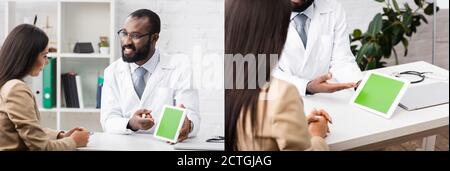 collage of bearded african american doctor pointing at digital tablet with blank screen near brunette woman, horizontal image Stock Photo