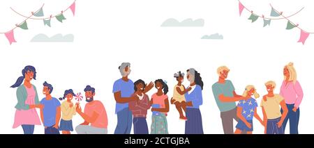 Banner with happy multiracial families with kids, flat vector illustration. Stock Vector