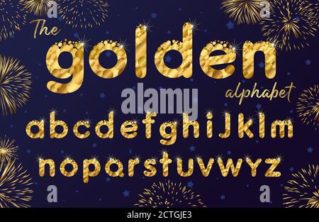 Golden sparkle bubbles font, funny gold alphabet, luxury letters and shine. Vector abc Xmas icon design with salutes and stars on blue background Stock Vector