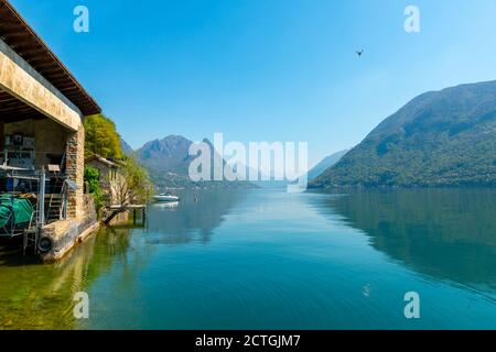 Port on Alpine Lake Lugano with Mountain in Ticino, Switzerland. Stock Photo