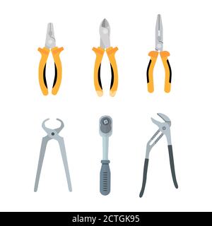 a set of pliers of various shapes, ratchet, pliers, carpenter tools and auto mechanics. Vector illustration isolated on white background. Stock Vector