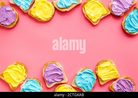 Variety spreads on bread slices. Layout top view Stock Photo