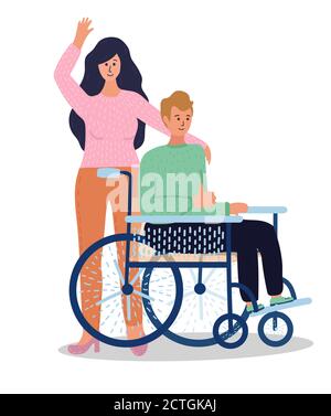 cartoon young couple. man sit in wheelchair and shows thumbs up. Wife stands behind him. Hand drawn style. isolated on white background Stock Vector