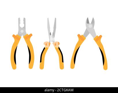 Open yellow side cutters and pliers with thin and thick sponge pliers. Repair tools are isolated on white background, flat vector illustration Stock Vector
