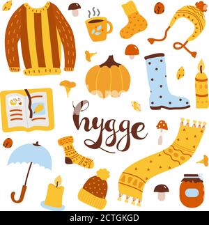 Hand drawn cartoon set of autumn icons socks, sweater, falling leaves, cup with hot drink, jam, pumpkin, mushrooms. Doodle collection of fall season Stock Vector