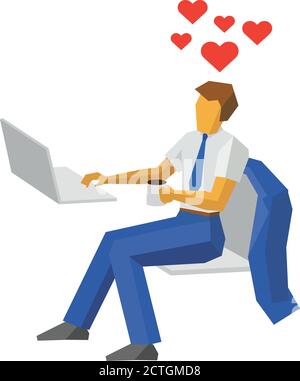 Businessman with coffee looking at a computer and thinking about love. Business concept - rest, break, online dating. Flat style vector clip art isola Stock Vector