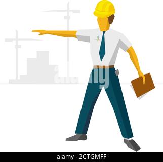 Engineer builder in helmet show construction site. Architect with papers in hand and smartphone in pocket. Silhouettes of cranes and buildings at hori Stock Vector