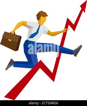 Businessman with case jump over decrease in chart. Isolated on white background. Business obstacle concept - profit recession and grow, overcome diffi Stock Vector