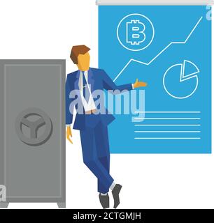 Businessman stands near the closed safe and show poster with bitcoin and growing chart. Success concept - cryptocurrency, strategy, increase profit. S Stock Vector