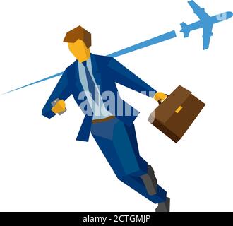 Businessman with smartphone and case rushing. With flying airplane on the background. Business concept - hurry, lateness, lost time. Flat vector clip Stock Vector