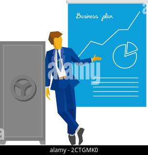 Businessman stands near the closed safe and show poster with business plan. Growing chart on the poster. Success concept - strategy, increase sales. S Stock Vector