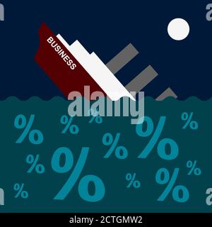 The ship is sinking on the sea of percent signs. Business concept - boat drowning in debt and loans. Vector clip art. Stock Vector