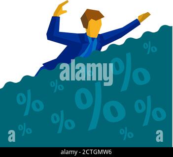 Businessman floating on the sea of percent signs. Business concept - man in blue suit is drowning in debt and loans. Vector clip art. Stock Vector