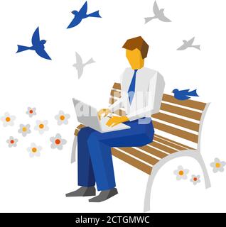 Man working with laptop outdoor. Businessman sitting on bench in the park and typing on laptop. Spring theme - birds flying at the back, flowers on th Stock Vector