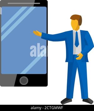 Businessman in blue suit present new big phone. Speaker on a press conference or presentation. Isolated on white background. Stock Vector