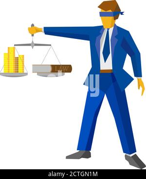 Man with balance in hand, looks like a god of justice Themis (Femida). Money and lawbook on the scales. Law and legal concept. Flat style vector clip Stock Vector