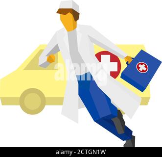 Doctor in a white coat running with first aid box. Hurrying medic with ambulance car at the back. Simple flat style clip art. Stock Vector