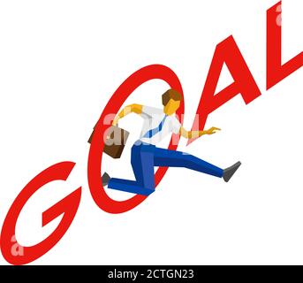 Businessman with case jump throw letter O in word 'Goal'. Business concept - success, achievements. Flat vector clip art, isolated on white background Stock Vector