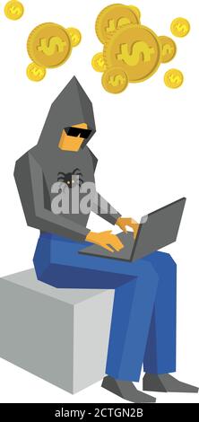 Computer hacker sitting with laptop and thinking about money. Man in black hoody with spider and dark glasses working with computer. Cyber crime conce Stock Vector