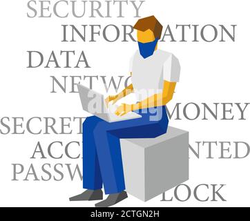 Computer hacker sitting with laptop. Lot of words about information security behind. Man in mask working with computer. Cyber crime concept - flat vec Stock Vector
