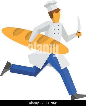 Chef in white hat runs with a knife and a giant bread in hands. Cooking or food concept. Simple flat style vector clip art. Stock Vector