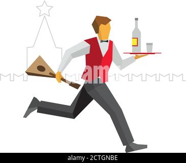 Waiter in red vest and black trousers runs with vodka on a tray and balalalika in hand. Kremlin silhouette at the back. Russian restaurant funny illus Stock Vector