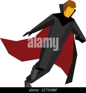 Running halloween vampire isolated on white background. In black suite and red cloak. Simple geometric shapes, flat stile vector clip art. Stock Vector