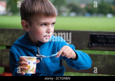 Four year old boy eating yoghurt on a bench in Ilkley West Yorkshire Stock Photo