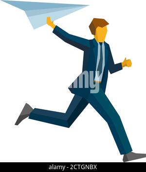 Running businessman with a paper plain in raised hand. Business concept (metaphors) - startup, launch of new project. Flat style vector clip art isola Stock Vector