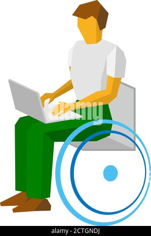 Man in wheelchair working with computer. Paralyzed person types on laptop. Physically disabled communication. Simple style vector clip art isolated on Stock Vector
