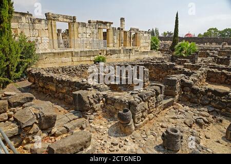 Ruins of the ancient forth Century CE synagogue uncovered on site at Capernaum, Sea of Galilee, Israel Stock Photo