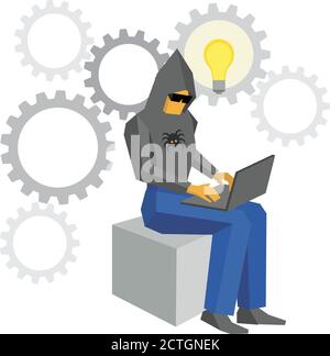 Computer hacker sitting with laptop. Idea bulb and gears behind. Man in black hoody with spider and dark glasses working with computer. Cyber crime co Stock Vector