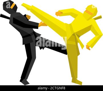 Black and yellow ninja combat. Martial art fighter hit one another. Vector illustration on white background. Stock Vector