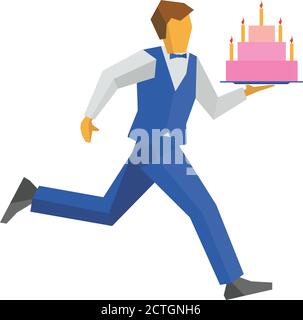 Waiter in blue vest and trousers runs with a cake on a tray. Treat for birthday or other celebration. Cooking or food concept. Simple flat style vecto Stock Vector