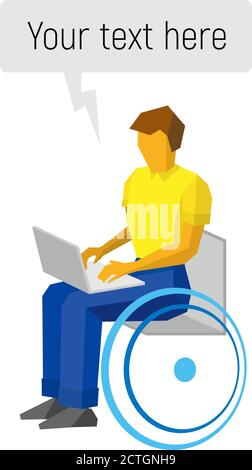 Man in wheelchair working with computer. Paralyzed person types on laptop. Physically disabled communication. Simple style vector clip art isolated on Stock Vector