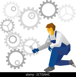 Mechanic repair complex mechanism of gears. Specialist with wrench adjust cogwheels. Concept for heavy industry or workshop. Flat style vector illustr Stock Vector