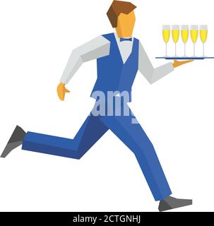 Waiter in blue vest and trousers running with champagne on tray. Catering concept. Simple vector illustration on white background. Person for restaura Stock Vector
