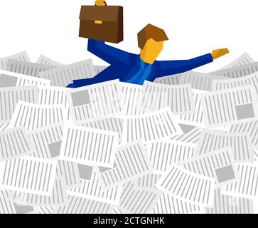 Businessman floating on the sea of papers. Business concept - man in blue suit with case in hand is drowning in documents. Vector clip art. Stock Vector