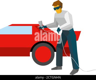 Mechanic spraying paint on red sport car from pulveriser. Spray painting auto with airbrush. Flat style vector illustration isolated on white backgrou Stock Vector