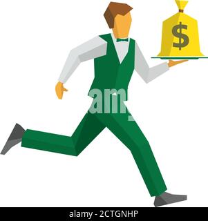 Waiter in green vest and trousers runs with a money bag on a tray. Dollar sign on a bagful. Business concept - easy money, cash in any time. Simple fl Stock Vector