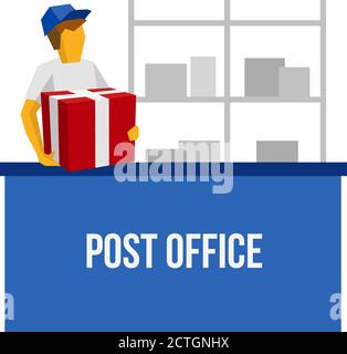 Delivery man in blue uniform holding red gift box. Postman behind the counter with parcel in post office. Lot of boxes silhouettes at the back. Simple Stock Vector