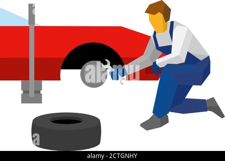 Mechanic with wrench repair red sport car. Specialist change tyres (or wheel) on auto. Flat style vector illustration isolated on white background. Stock Vector