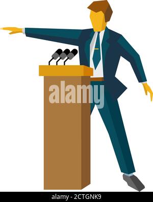 Speaker at podium. Man in suit standing at rostrum with microphones. Business concept -  press conference, presentation, report. Flat design vector il Stock Vector